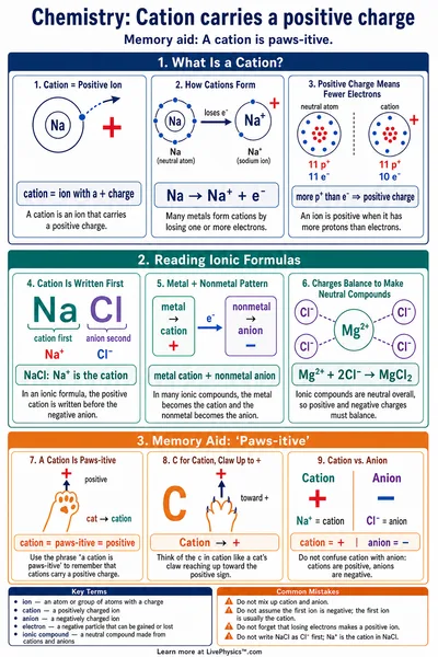 Cation carries a positive charge Memory Aid