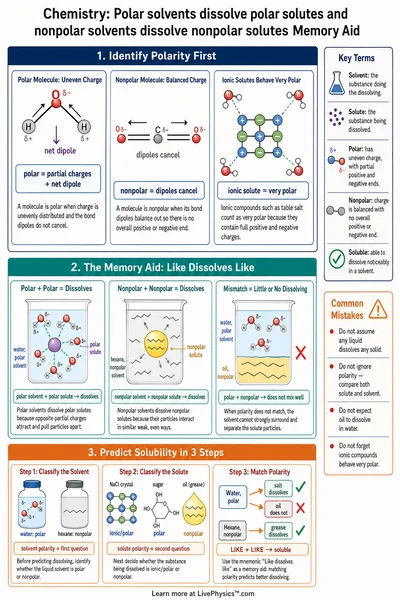 Polar solvents dissolve polar solutes and nonpolar solvents dissolve nonpolar solutes Memory Aid