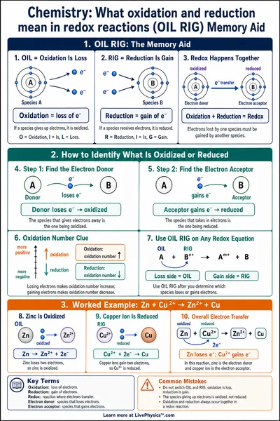 What oxidation and reduction mean in redox reactions (OIL RIG) Memory Aid