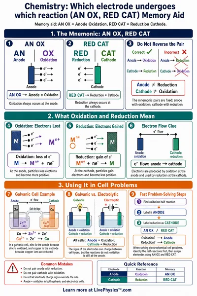Which electrode undergoes which reaction (AN OX, RED CAT) Memory Aid