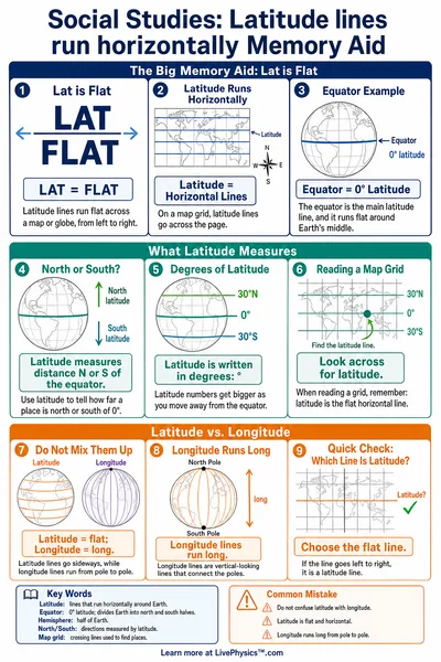 Latitude lines run horizontally Memory Aid