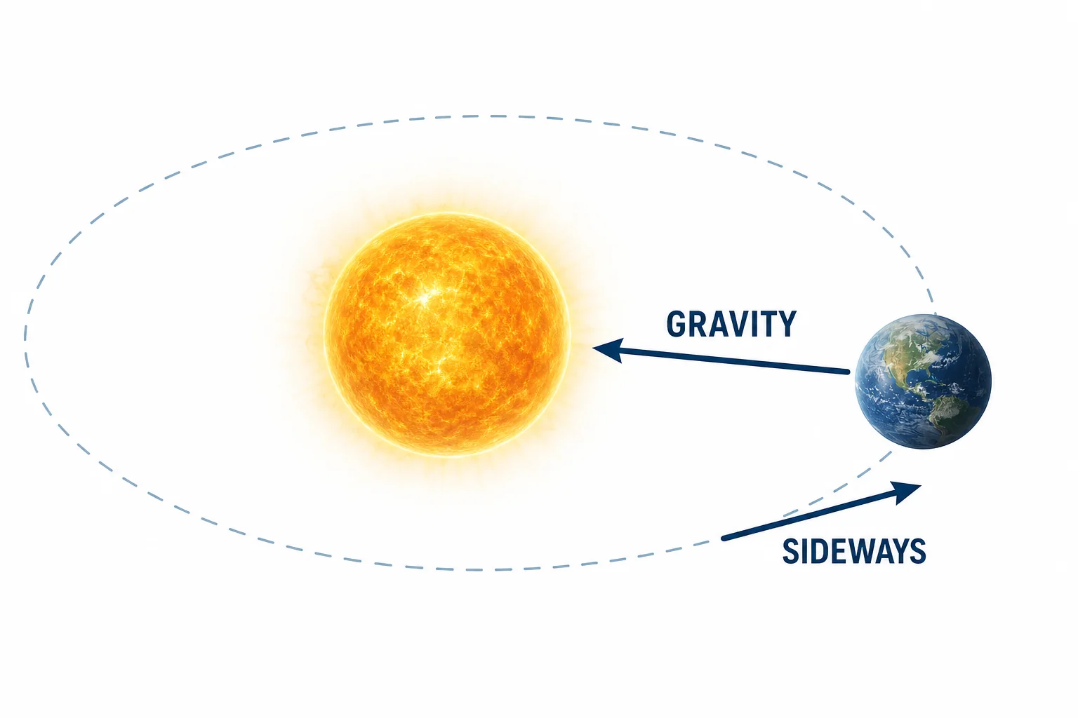 A planet with one arrow showing sideways motion and another arrow showing inward gravity toward the Sun