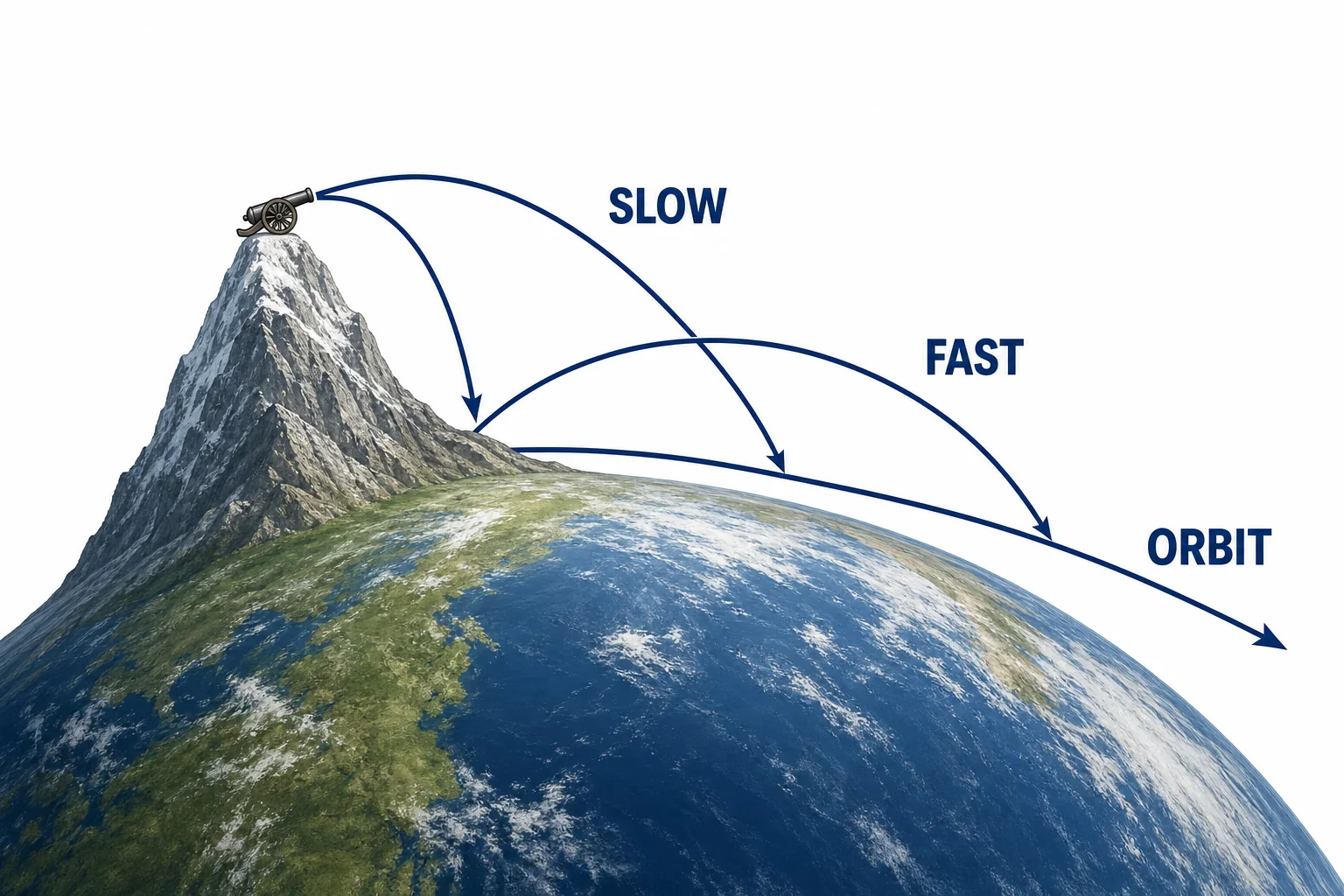 Newton's cannon idea showing short, medium, and orbital paths from a mountain on a curved Earth