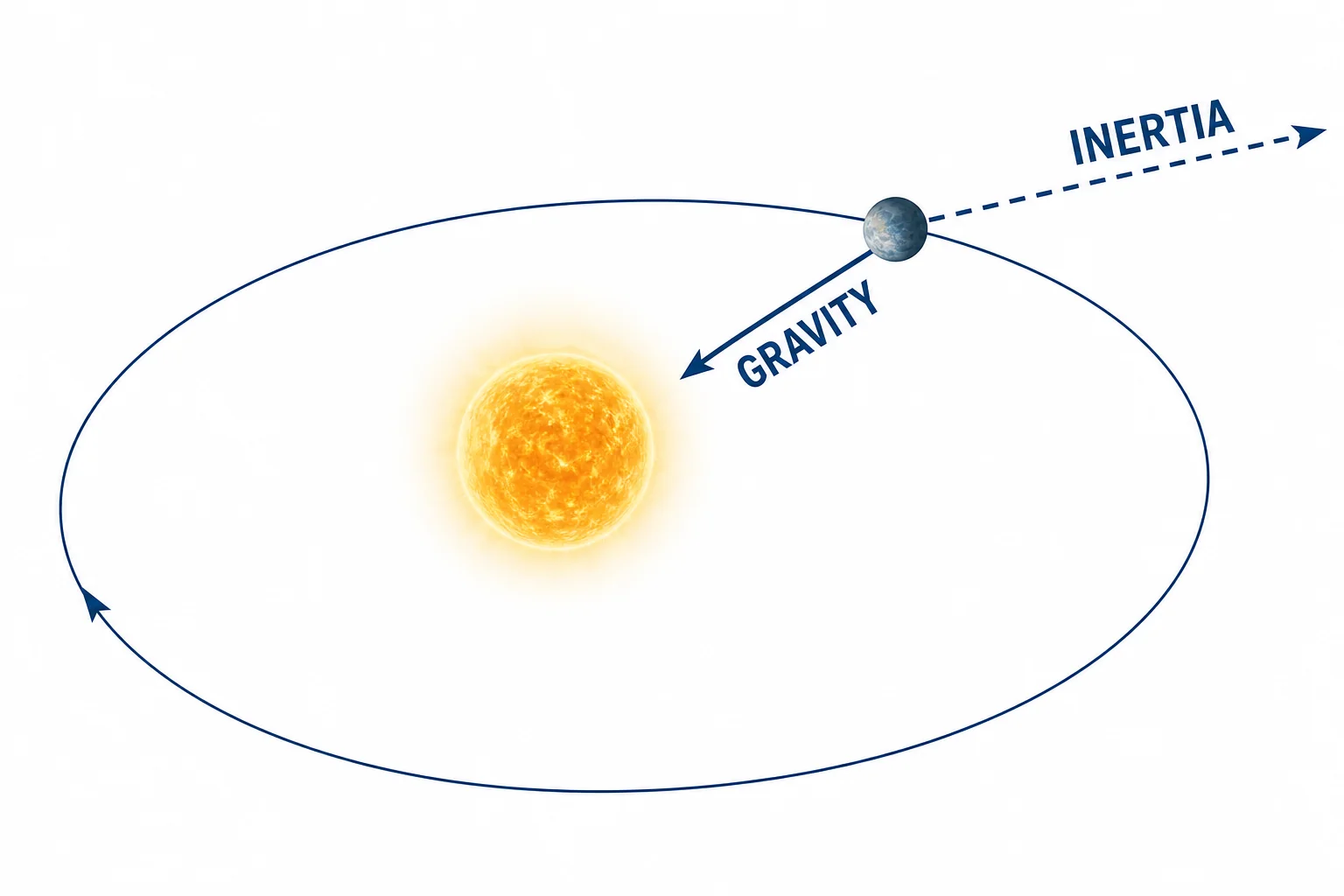 Diagram showing a planet's straight-line tendency and the Sun's inward gravity, with no outward force arrow