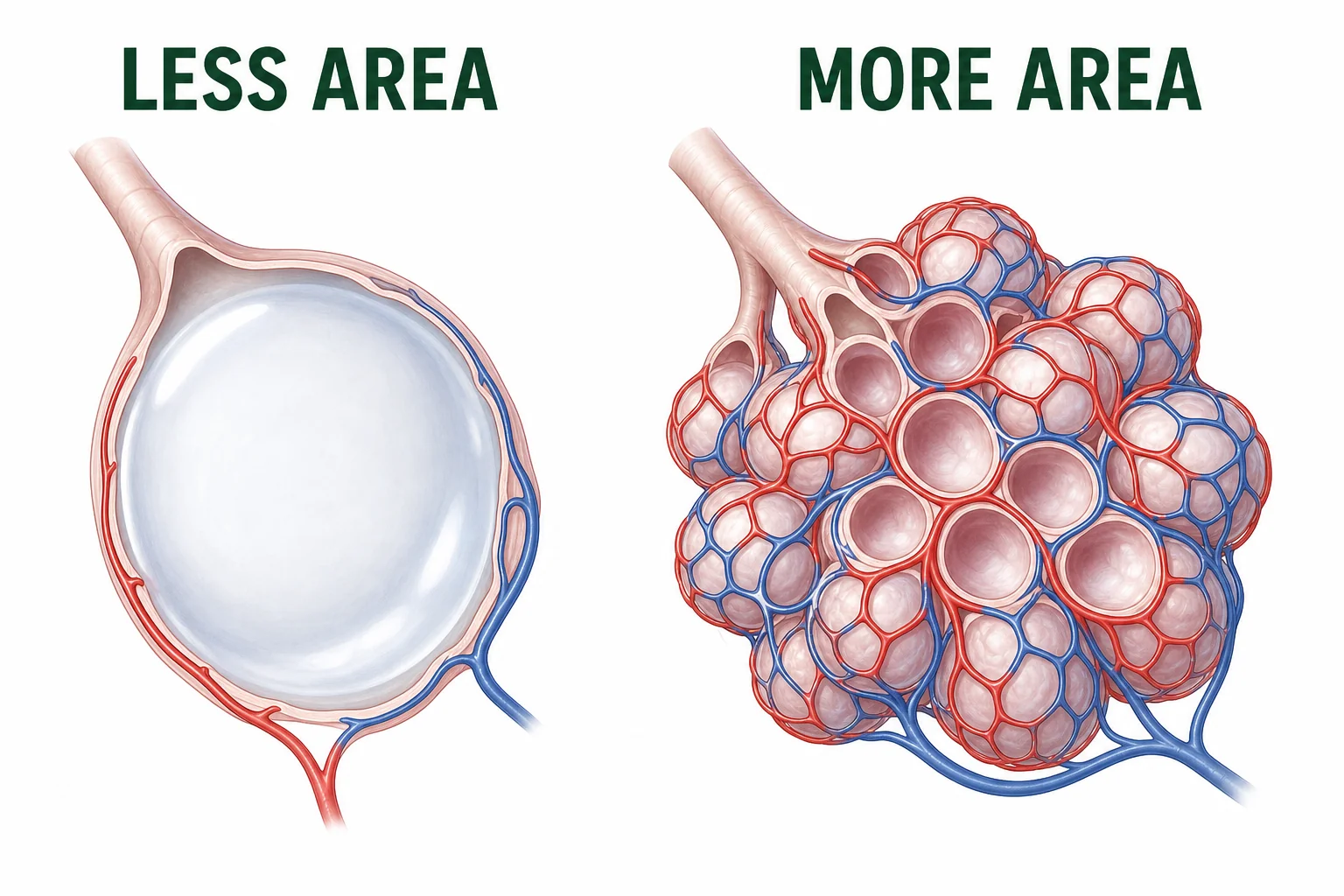 Comparison of one large air sac and many small alveoli showing how many small sacs create more contact area with capillaries