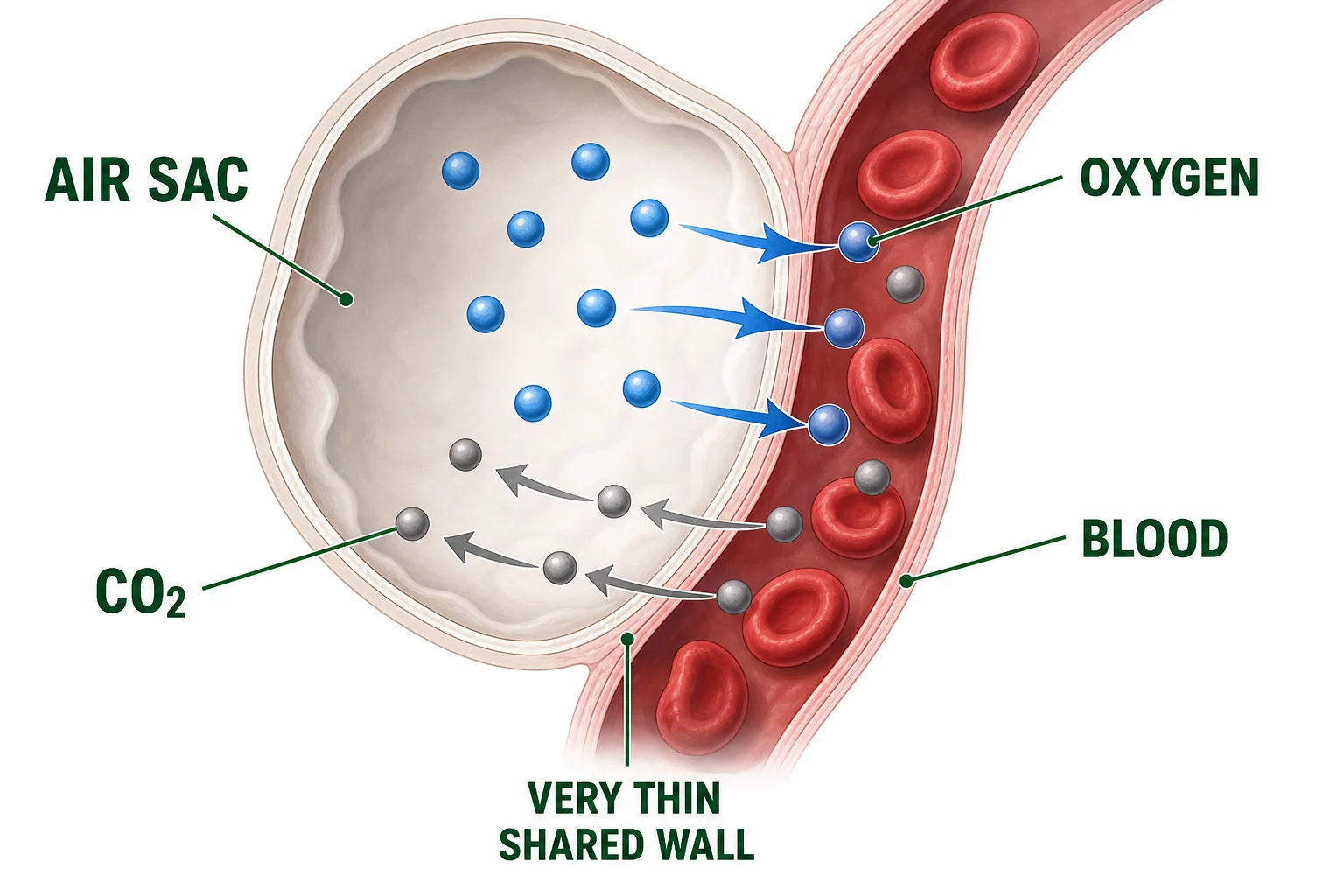 Close-up of an alveolus wall next to a capillary showing oxygen moving into blood and carbon dioxide moving into the air sac