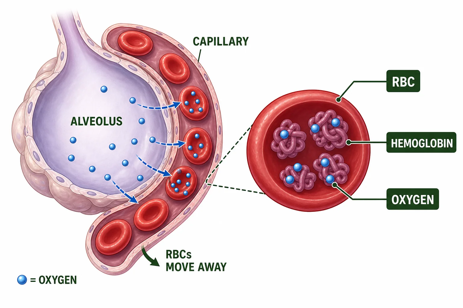 Red blood cells in a capillary near an alveolus showing hemoglobin binding oxygen and carrying it away