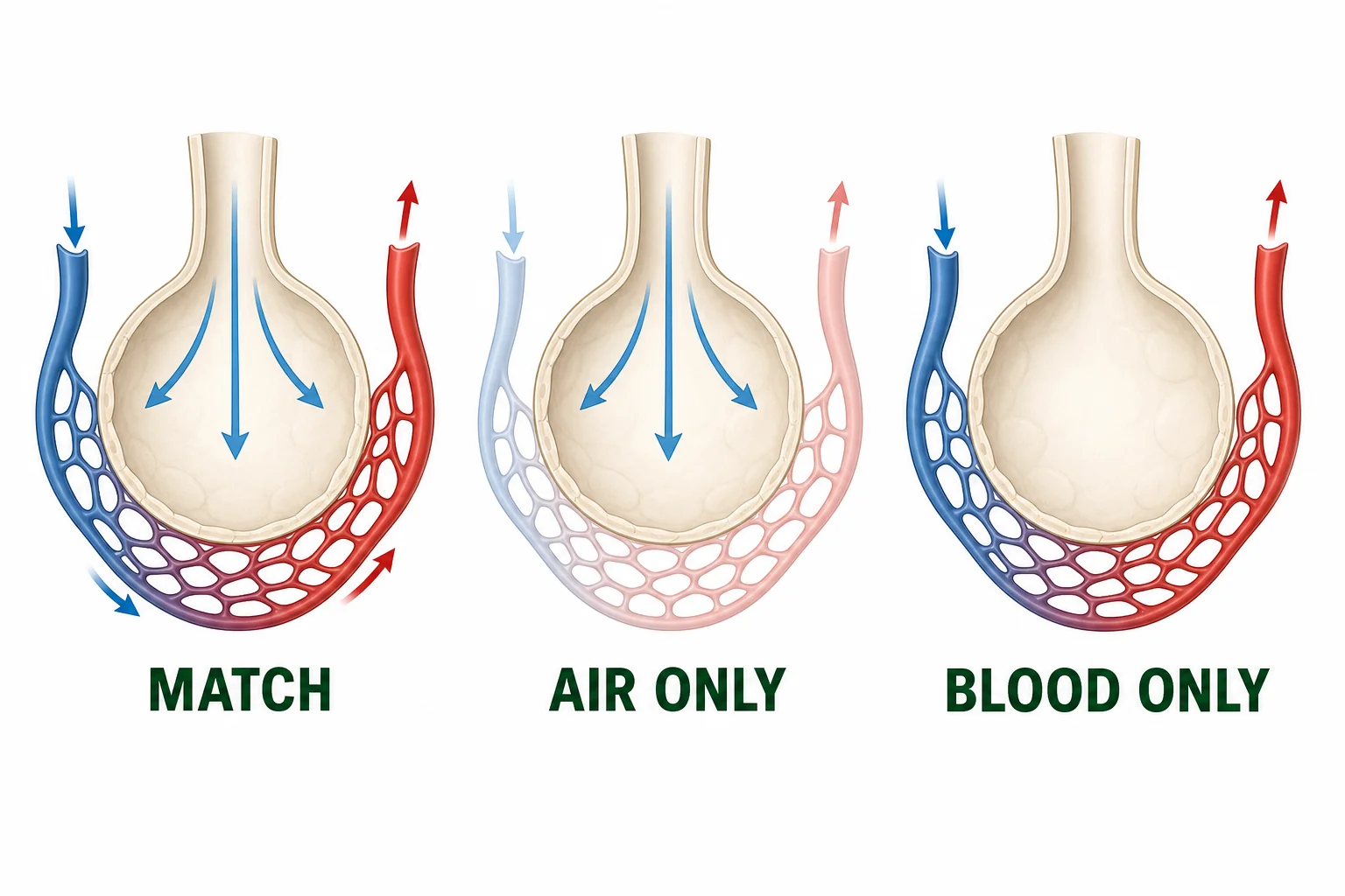 Three alveoli examples showing matched air and blood flow, air without enough blood flow, and blood without enough air flow