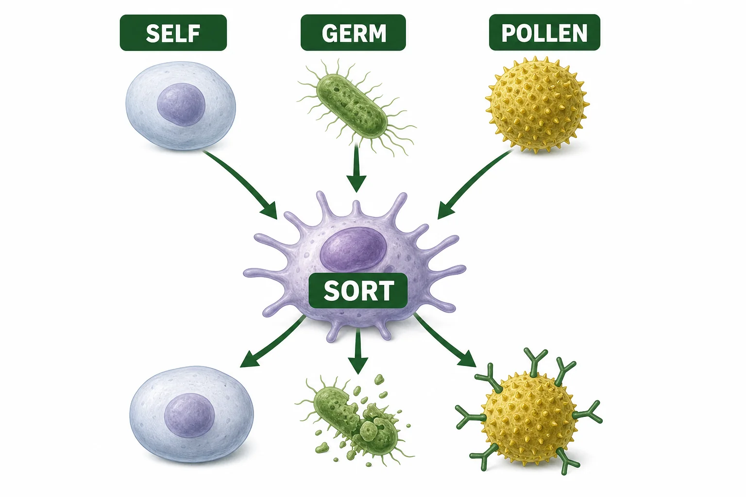 Immune cells sorting body cells, germs, and harmless particles into different response paths