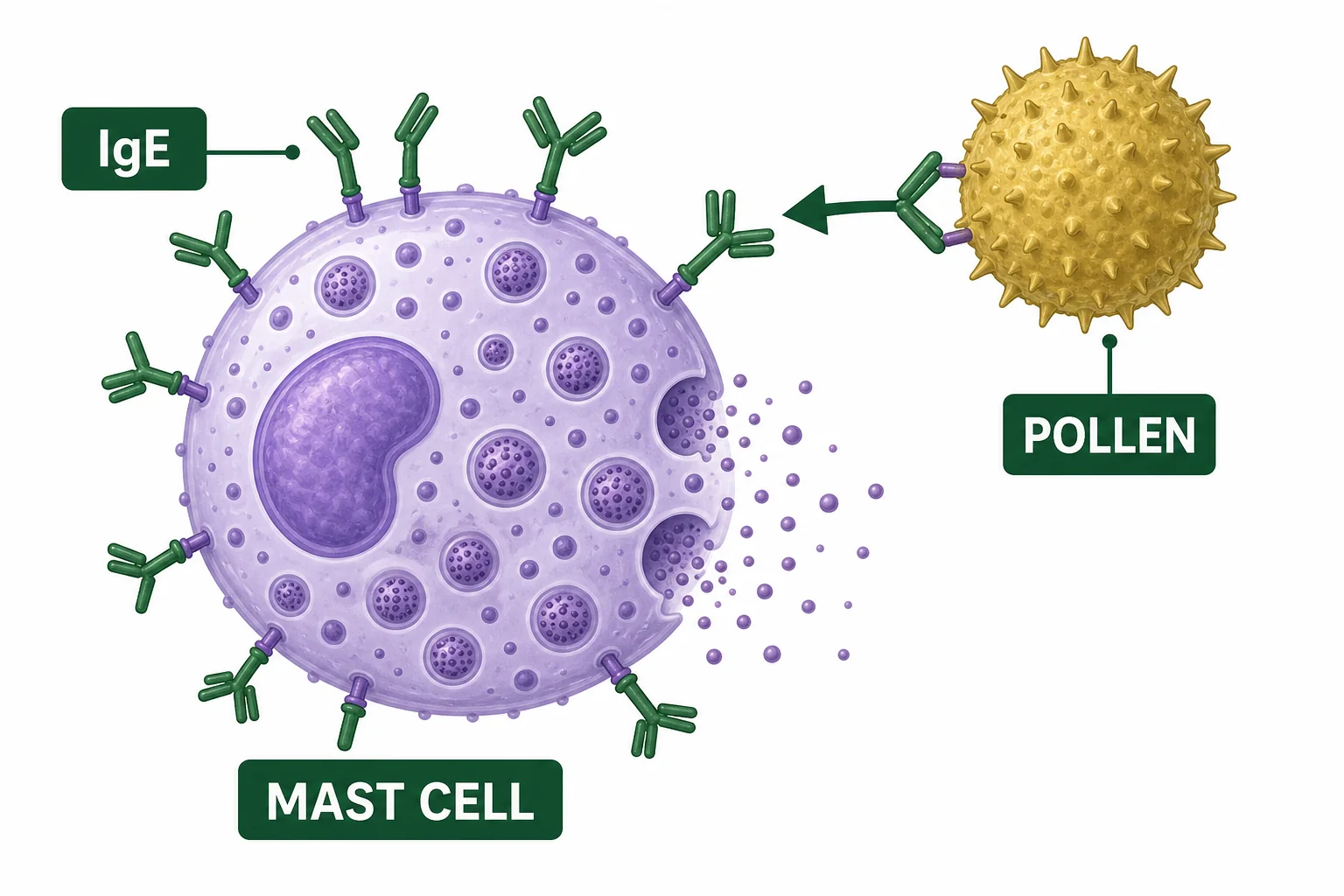 A pollen grain linking to IgE antibodies on a mast cell surface