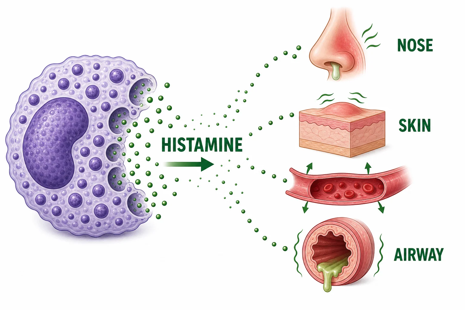 Mast cell releasing histamine near blood vessels, nose tissue, skin, and airway