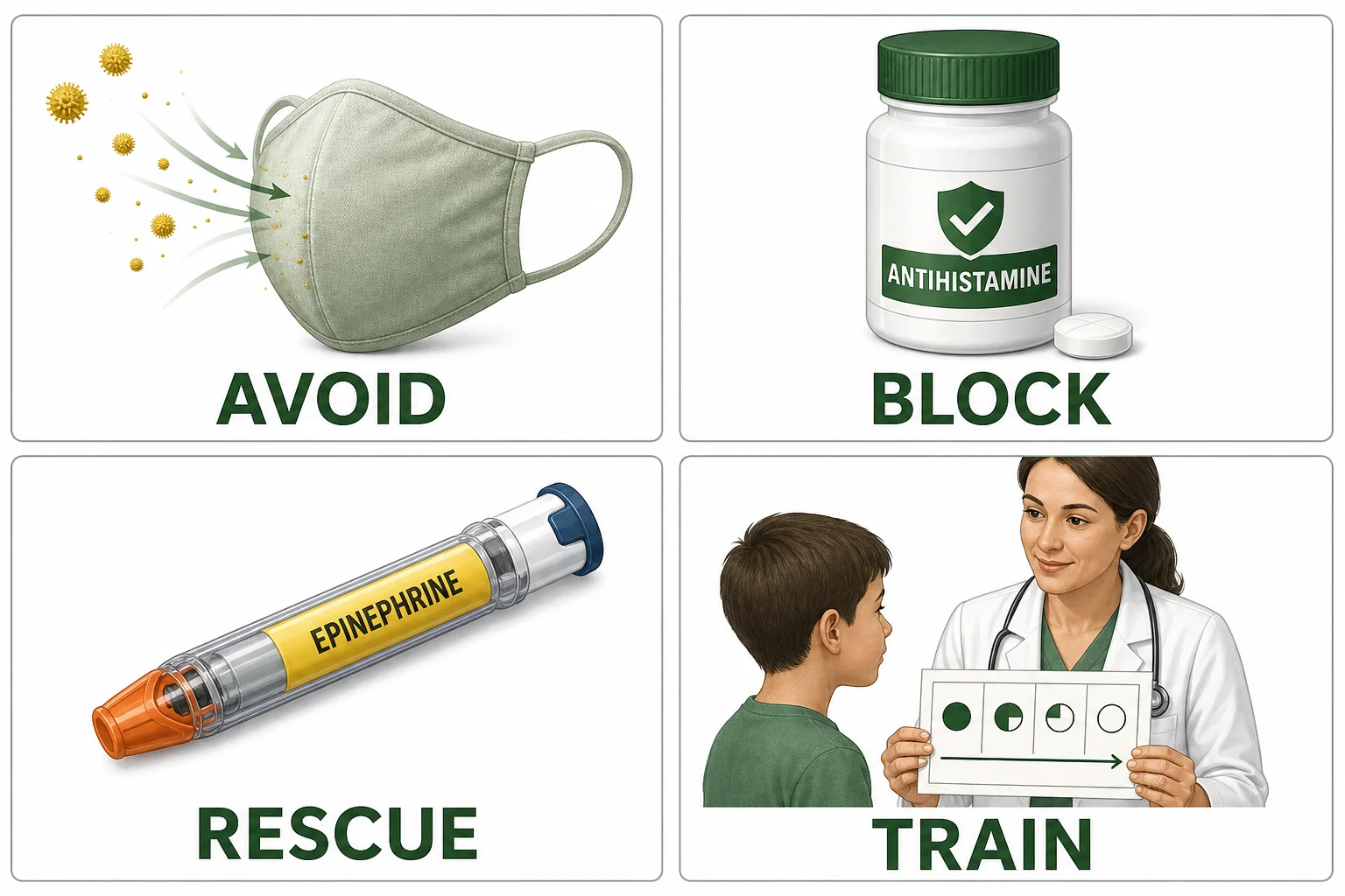 Allergy management tools including trigger avoidance, medicine, epinephrine, and immunotherapy