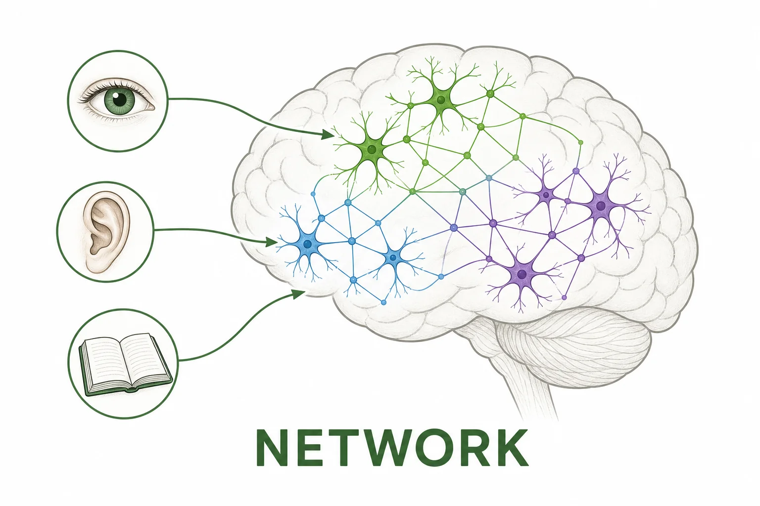 A diagram of several brain regions linked by neuron pathways to show that a memory is a network pattern, not a single storage spot.