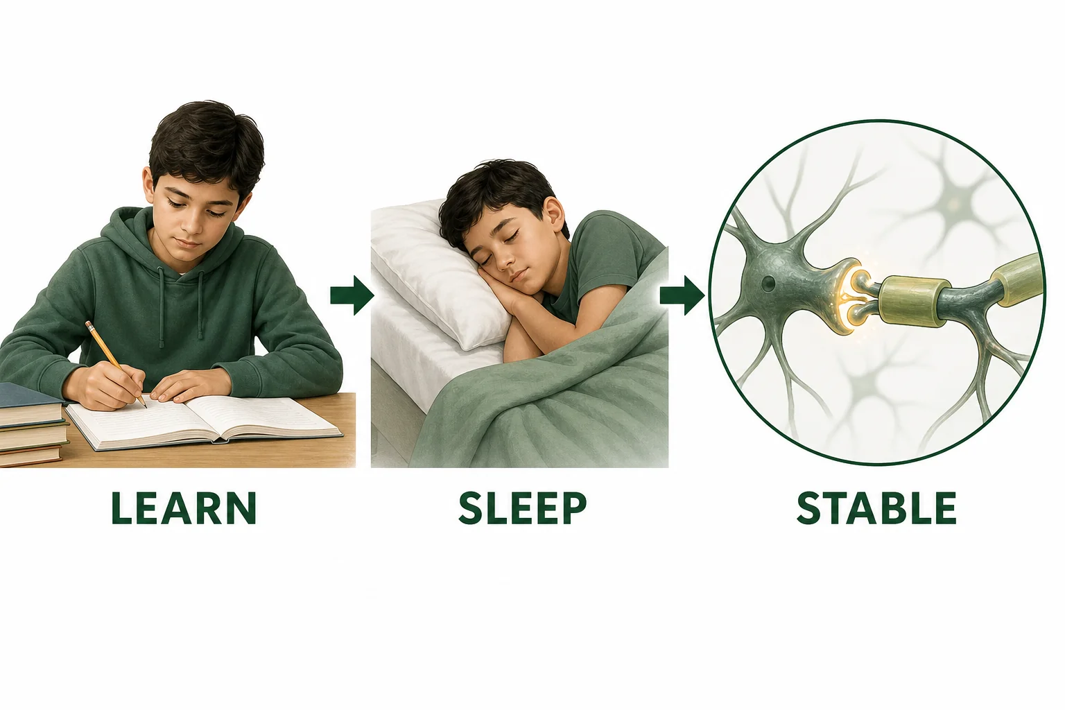 A sequence showing a study session, sleep, and stronger neuron connections to explain memory consolidation.