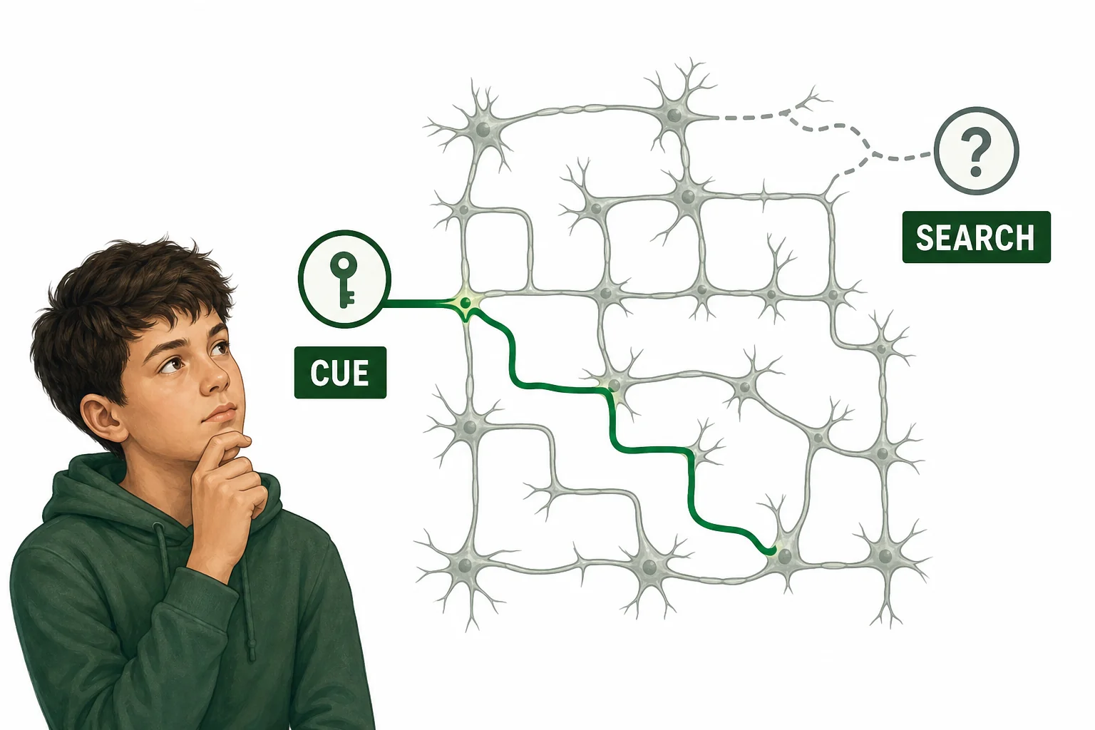 A student trying to retrieve a memory, with weak and strong cue paths leading to a neuron network.