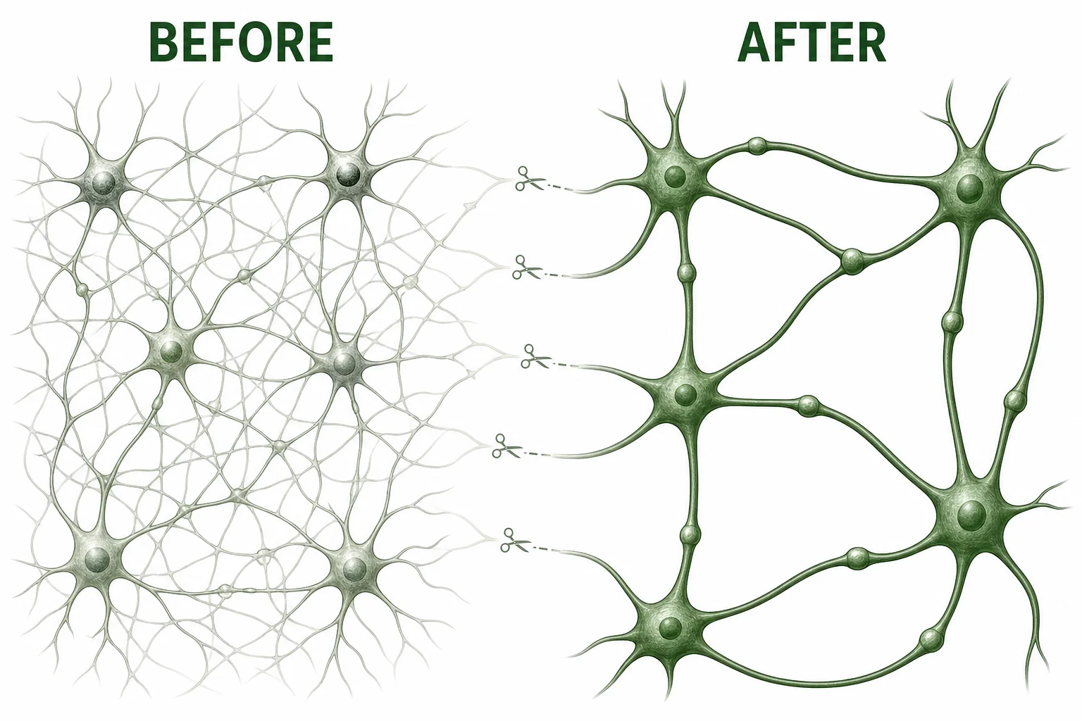 A before and after neuron network showing many weak connections being pruned into fewer stronger pathways.