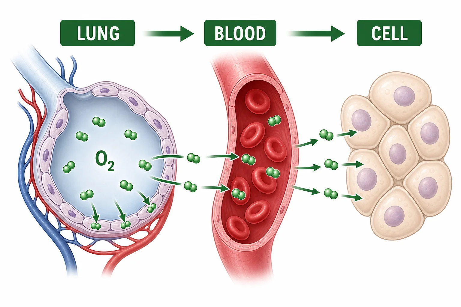 Oxygen moving from lung air sacs into blood vessels and then toward body cells.