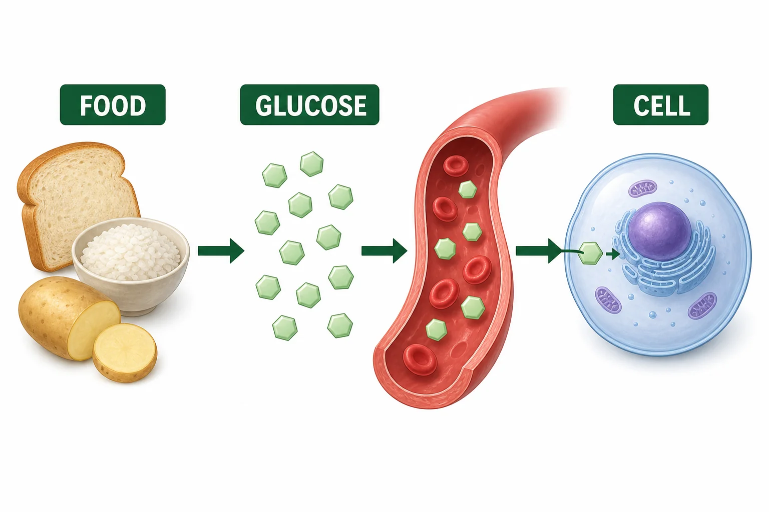 Food being digested into glucose molecules that enter the bloodstream and reach a cell.