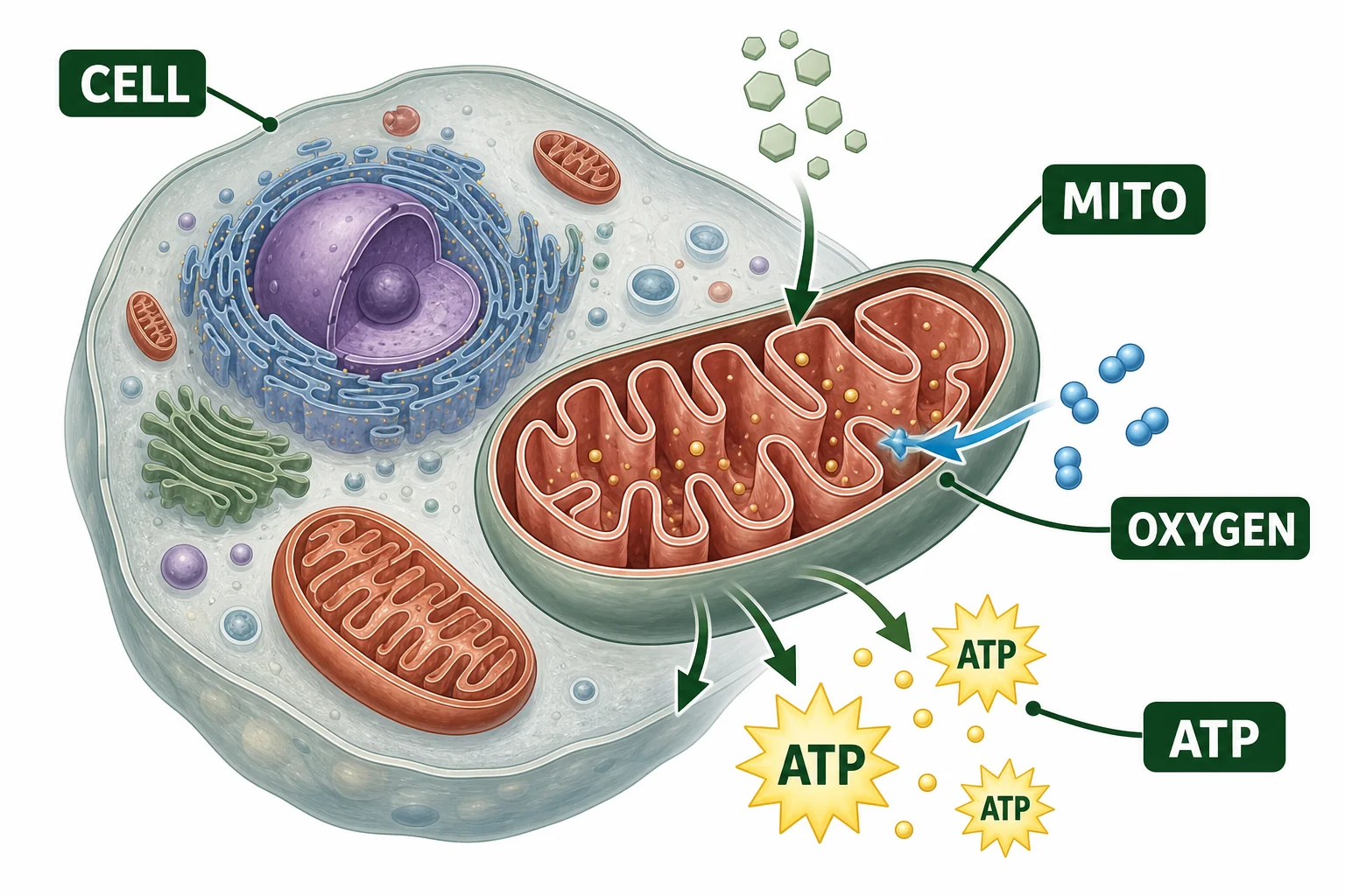 Cutaway view of a cell with mitochondria using oxygen to help make ATP.