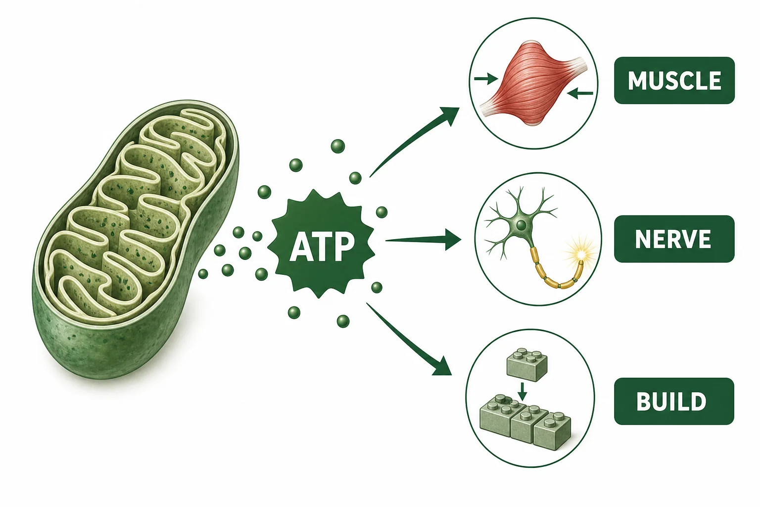 ATP molecules moving from a mitochondrion to cell activities such as muscle contraction and nerve signaling.