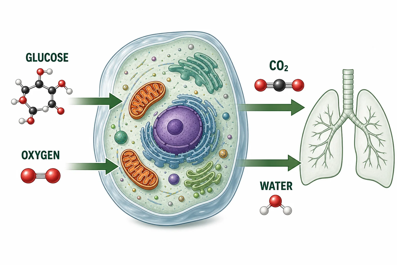 Cellular respiration shown as glucose and oxygen entering a cell, with carbon dioxide and water leaving.