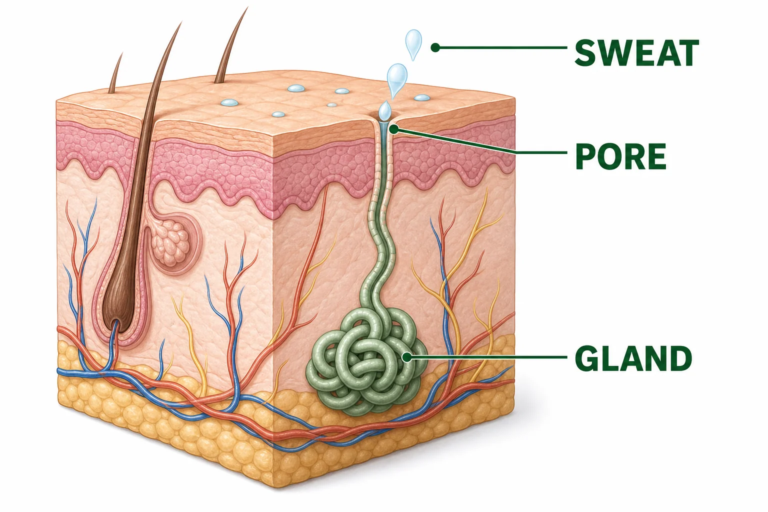 A magnified skin cross section showing a coiled sweat gland, a duct, a pore, and sweat on the skin surface