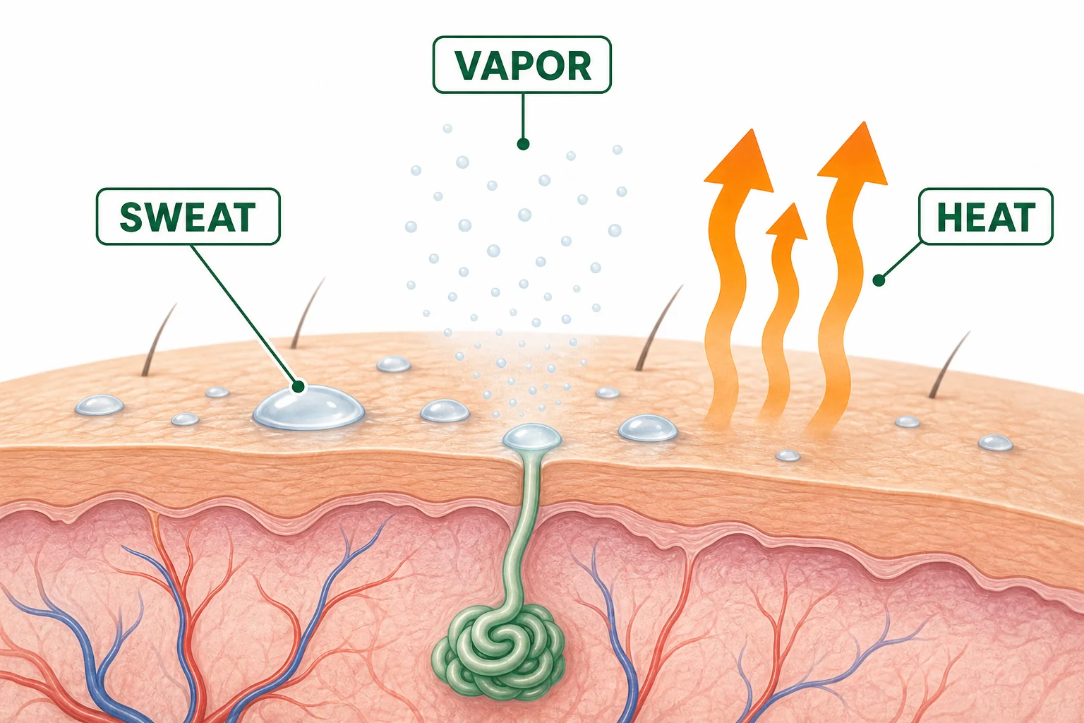 Sweat drops on skin turning into water vapor while heat arrows move away from the skin