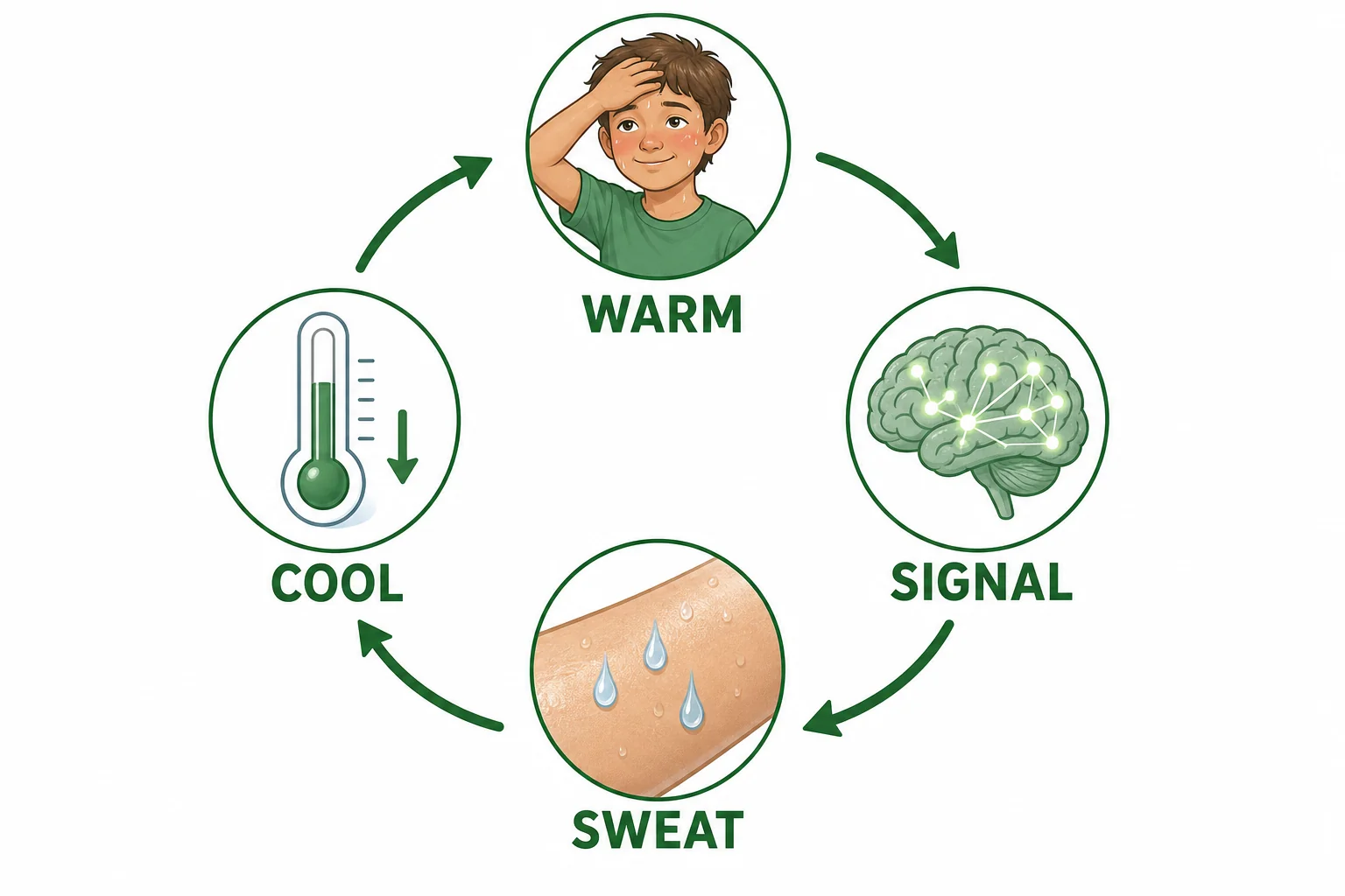 A simple feedback cycle showing warm body, brain signal, sweating, and cooling