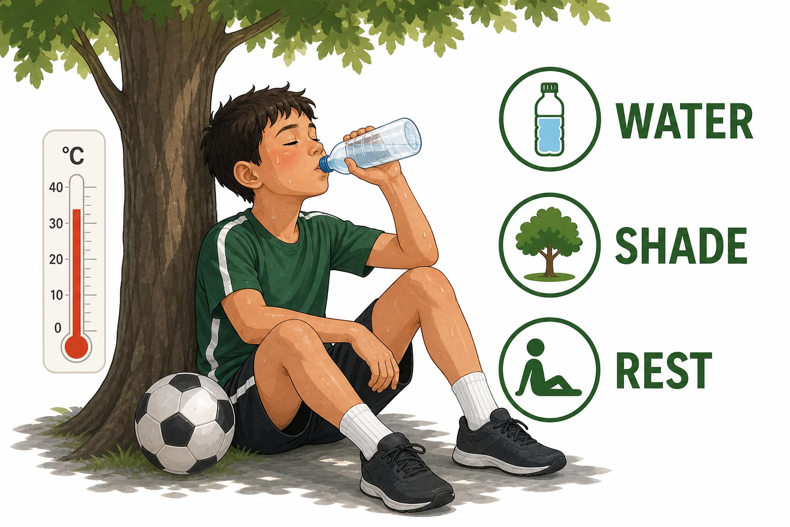 A child drinking water after exercise with shade, sweat drops, and a thermometer showing warm weather