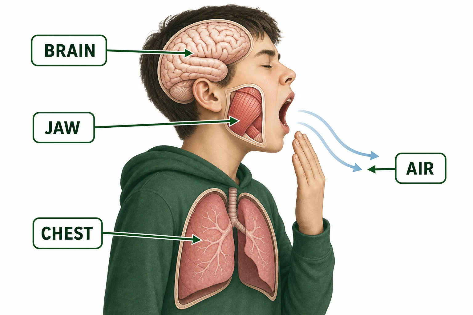 Diagram of a yawning student with arrows showing the brain, jaw muscles, chest movement, and air flow.