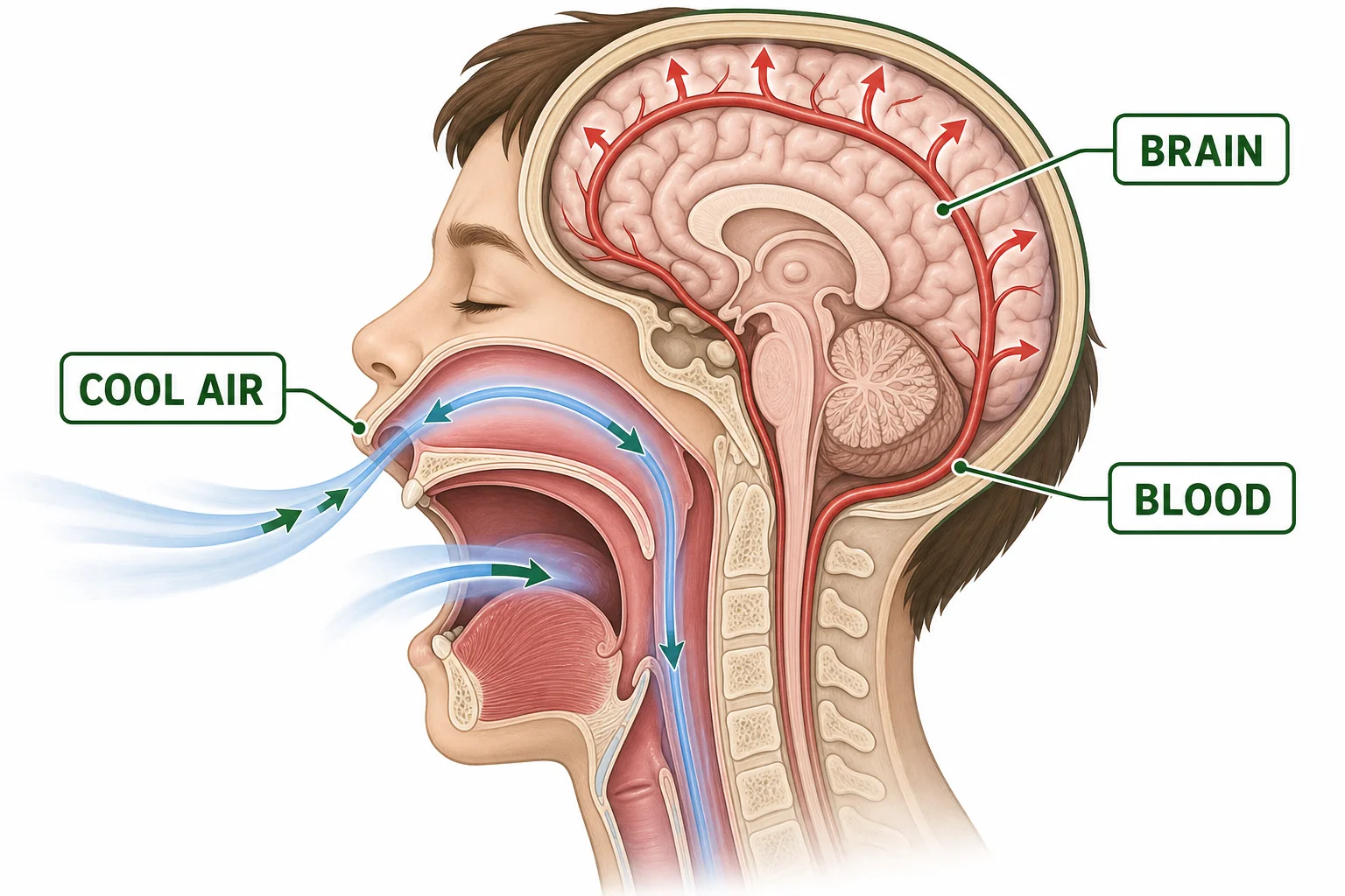 Illustration of a yawning head with cool air entering and blood vessels near the brain carrying heat away.