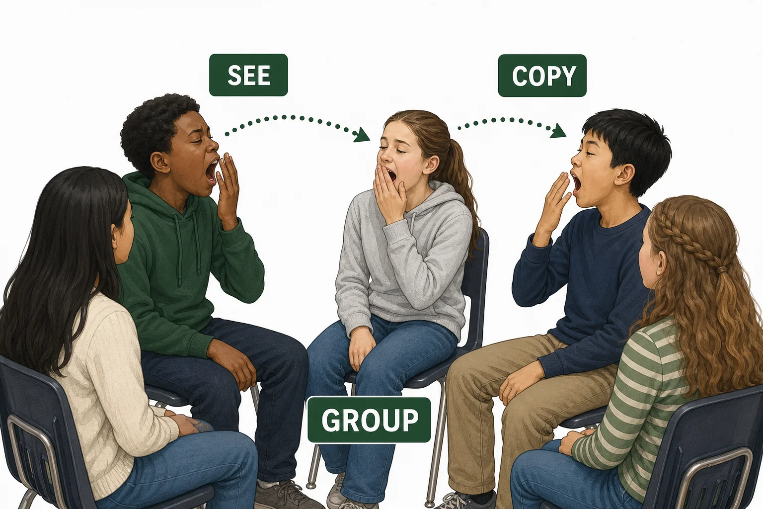Group of students where one student yawns and nearby students begin to yawn after seeing the face.