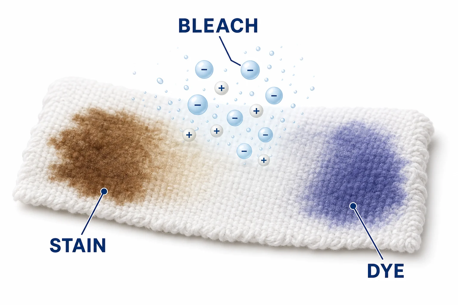 Chlorine bleach particles reacting with stain molecules on a white cotton fiber and also fading a nearby dye molecule