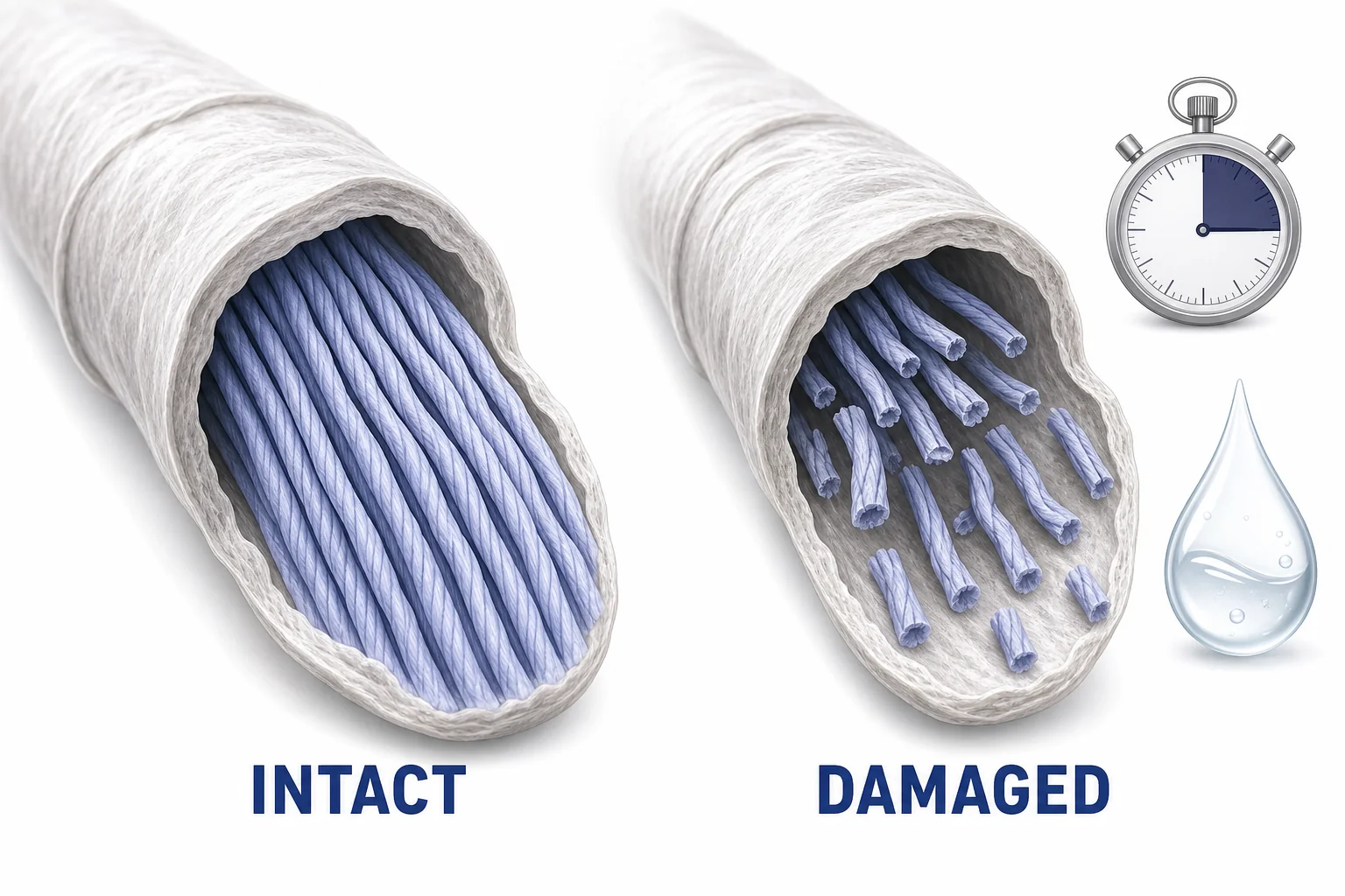 Cellulose chains inside cotton fiber before and after too much bleach, showing broken chains and weakened fabric