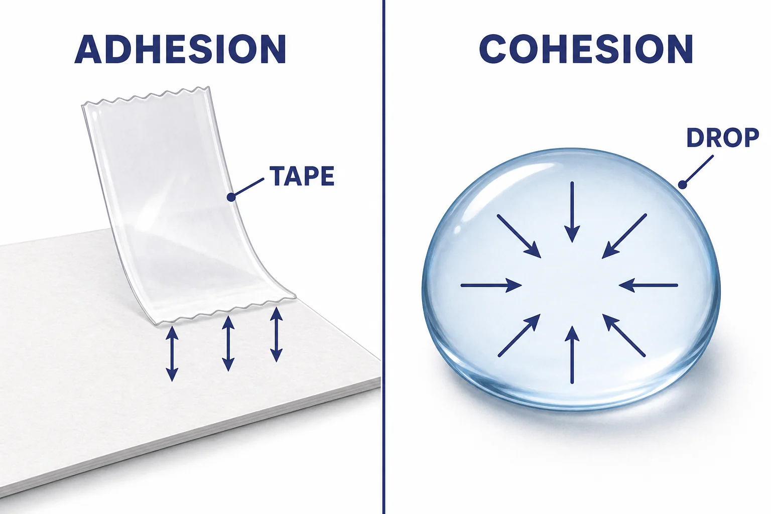 A comparison of adhesion between tape and paper and cohesion within a drop of liquid.