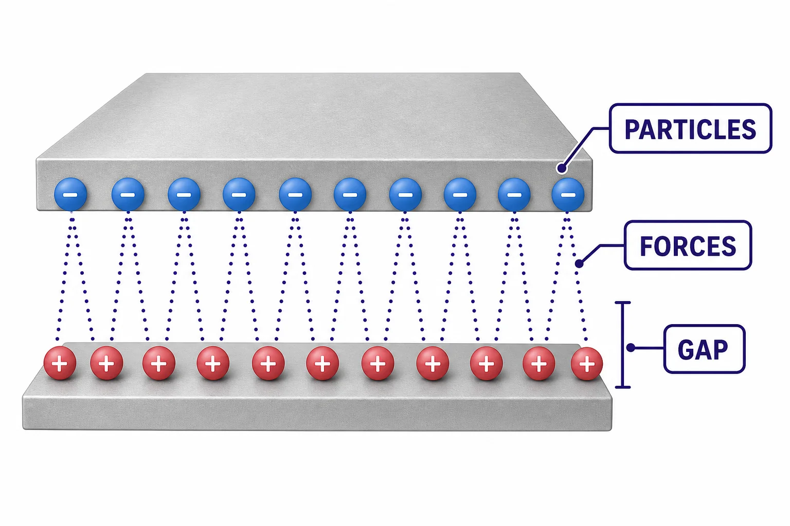 Particles on two nearby surfaces with many small attraction lines between them, showing how weak forces can add up.