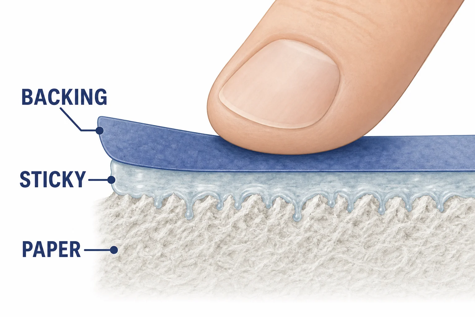 A cross-section of tape showing the backing, sticky layer, and paper surface as pressure makes the adhesive spread into roughness.