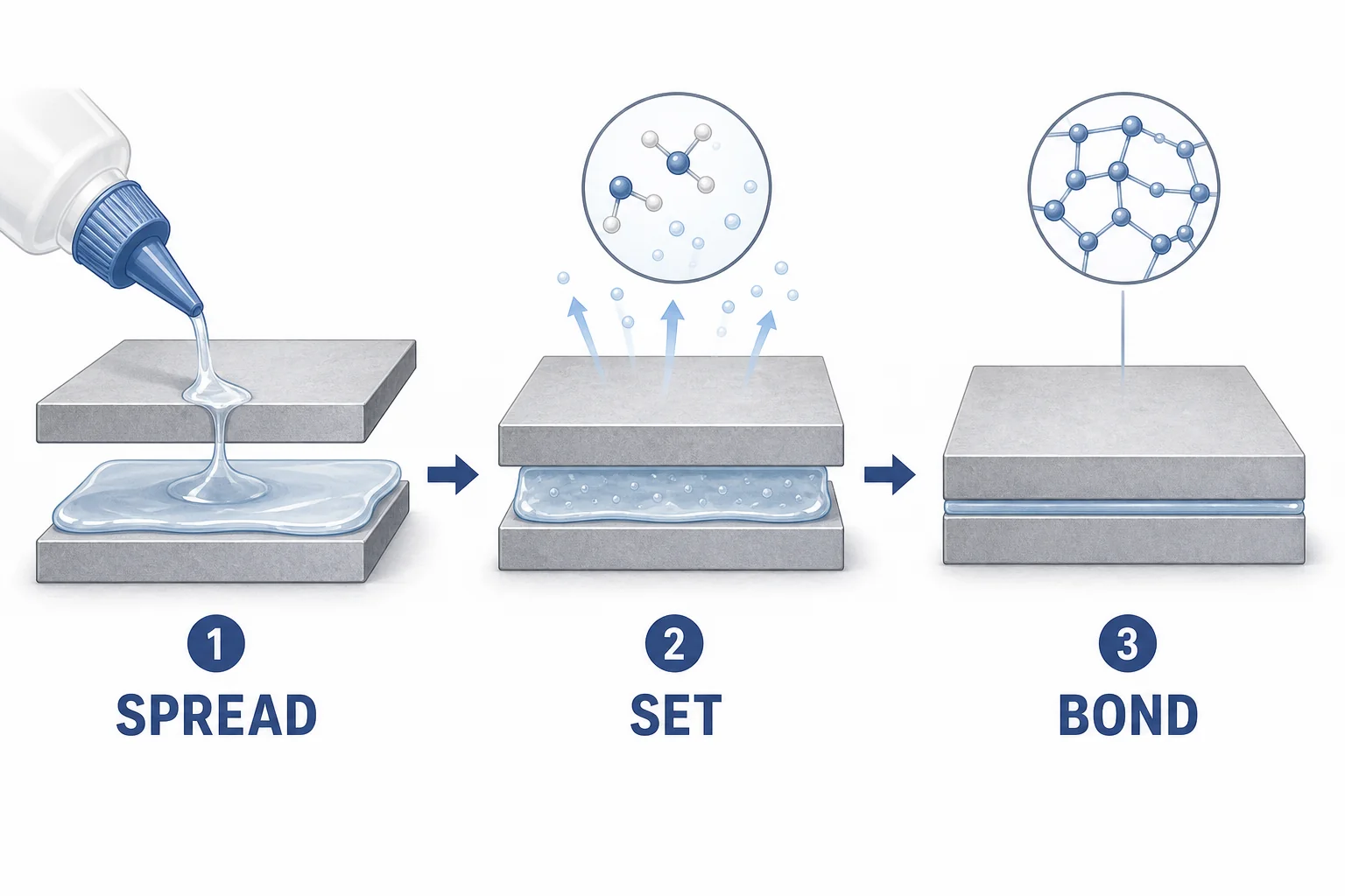 A sequence showing liquid glue spreading between two surfaces, then drying or curing into a solid layer that holds them together.