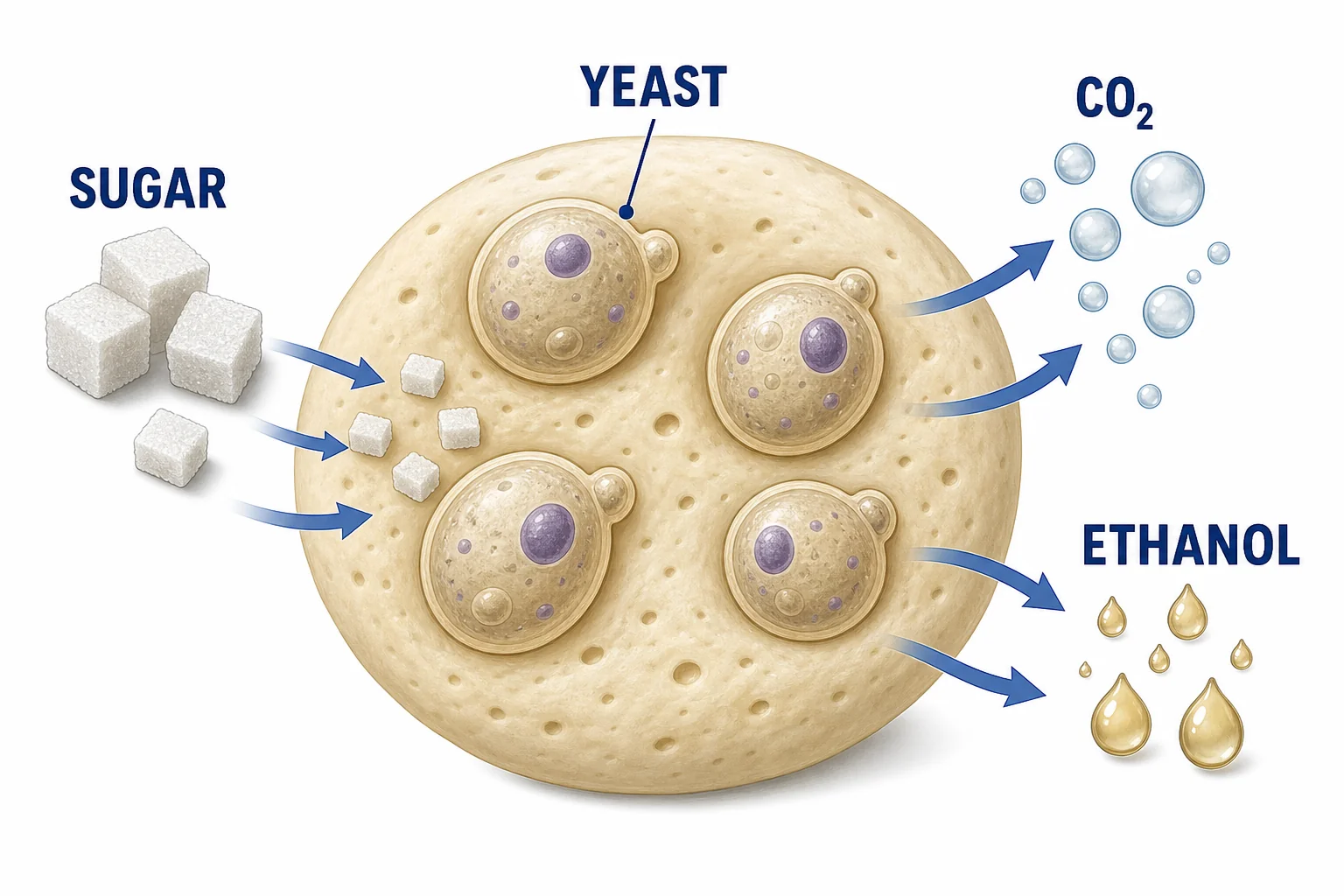 Yeast cells in dough taking in sugar and releasing carbon dioxide and ethanol.