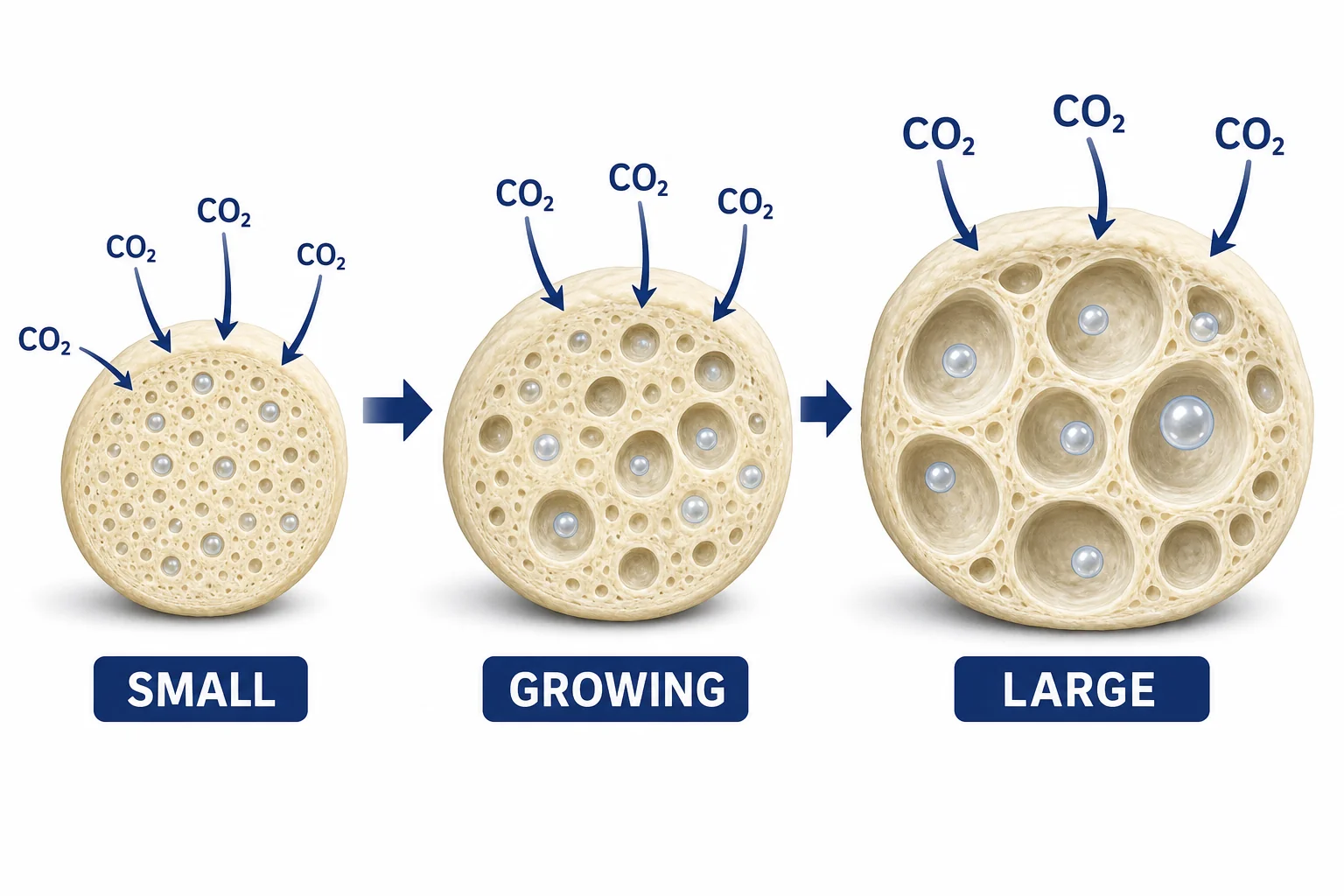 A sequence of dough bubbles getting larger as carbon dioxide enters them.