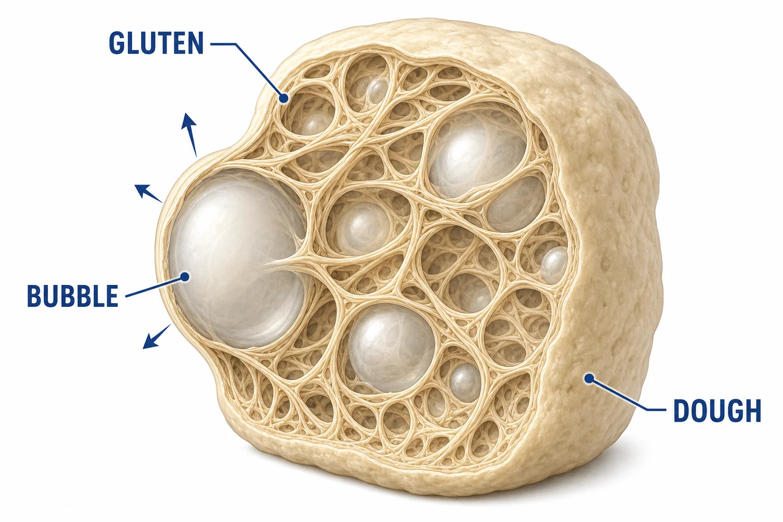 A stretchy gluten network surrounding carbon dioxide bubbles in bread dough.