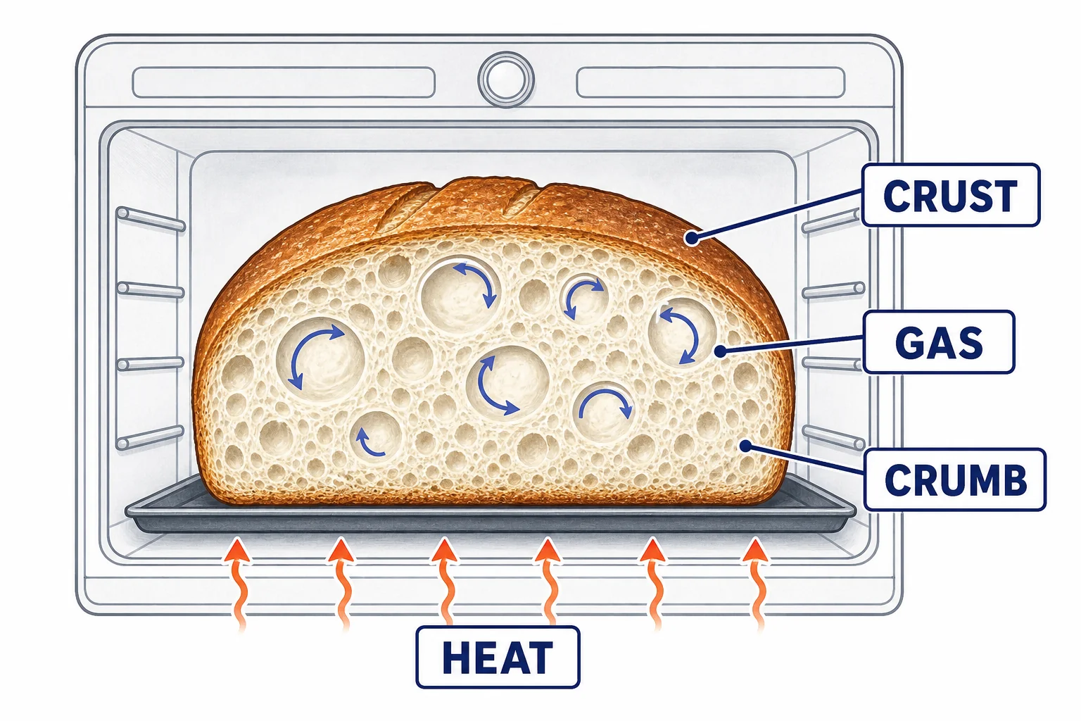 Bread dough in an oven showing expanding gas bubbles and a firming crust.
