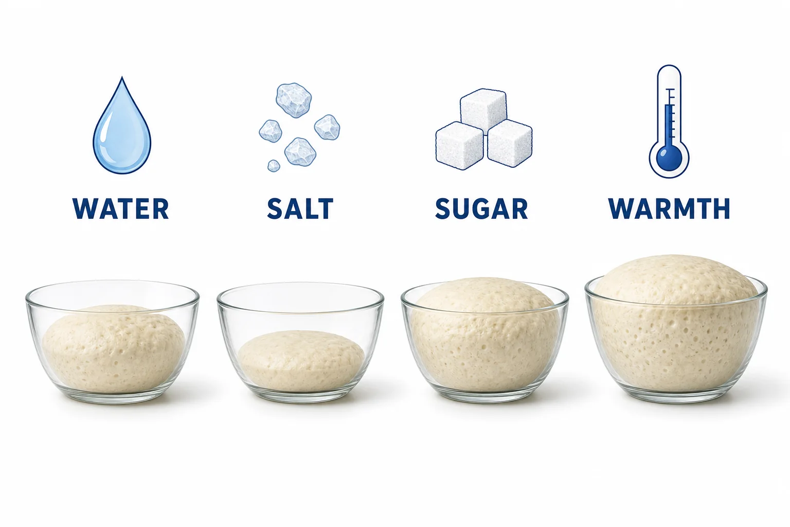 A comparison of bread dough samples showing how water, salt, sugar, and warmth affect rising.