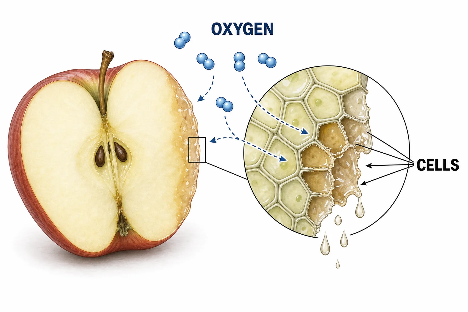 Diagram of an apple slice with opened fruit cells, leaking juice, and oxygen molecules reaching the cut surface.