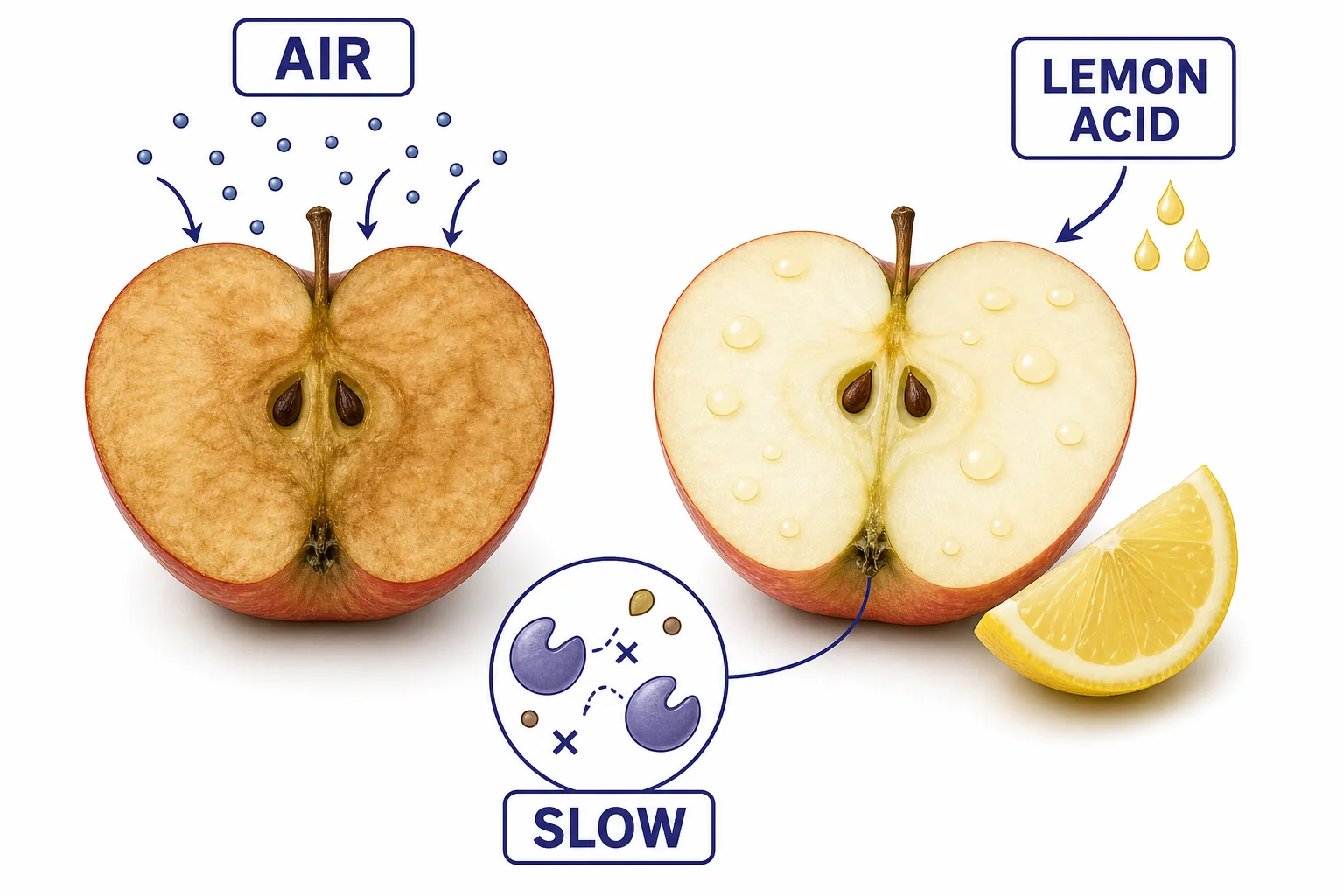 Comparison of two apple slices, one untreated and browning, one coated with lemon juice and staying lighter.