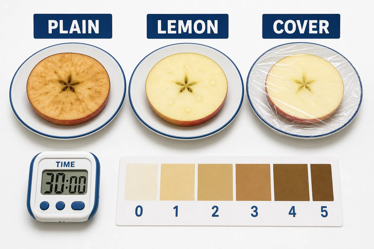 Three apple slice treatments in a classroom test showing plain, lemon-treated, and covered slices with different browning levels over time.