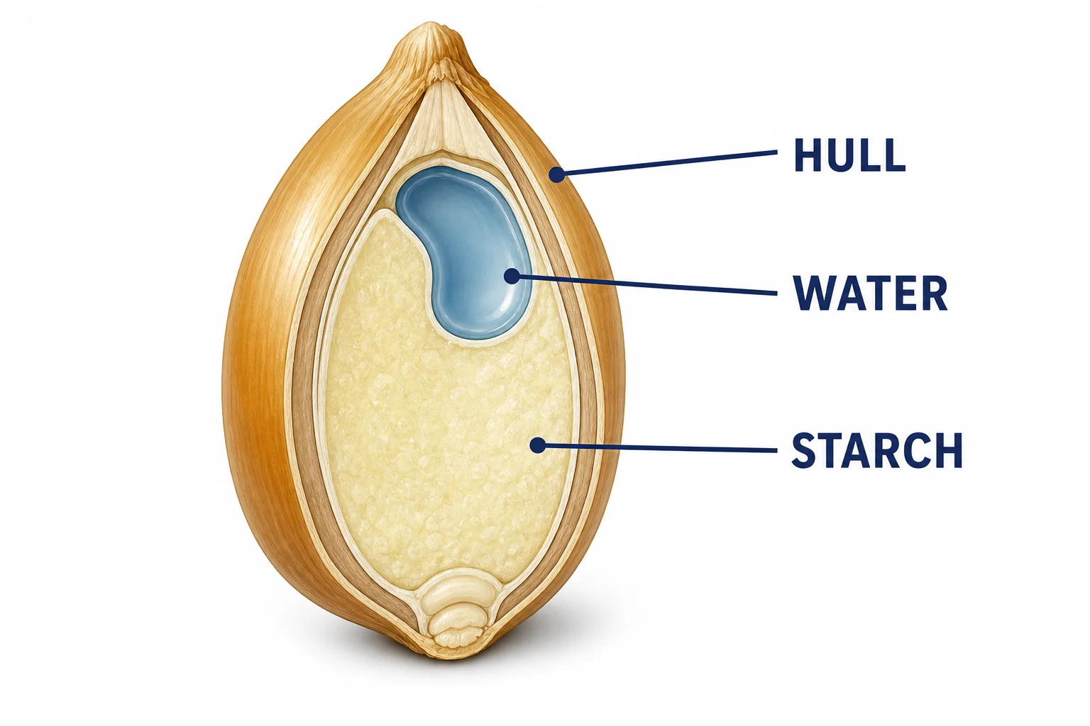 A cutaway popcorn kernel showing the hard hull, a small pocket of water, and the starchy center.