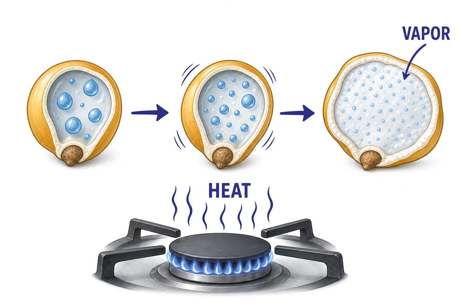 A sequence showing liquid water inside a kernel changing into water vapor as heat is added.