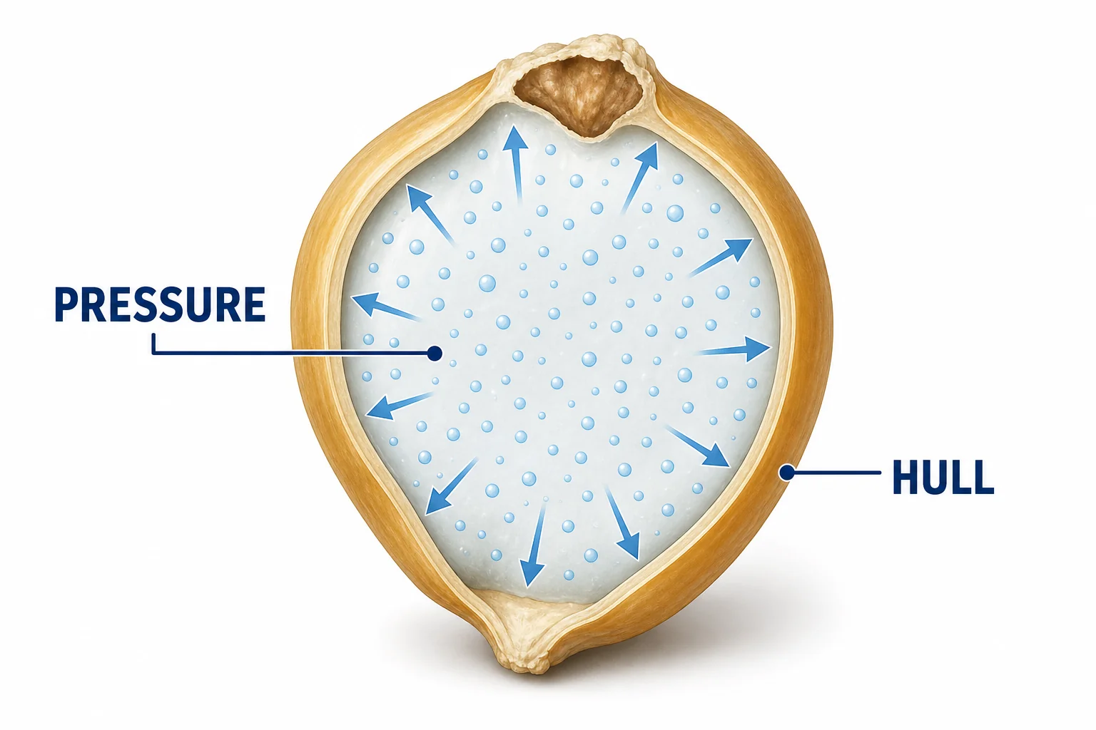 A kernel with vapor particles pushing outward against the inside of the hull to show pressure building.