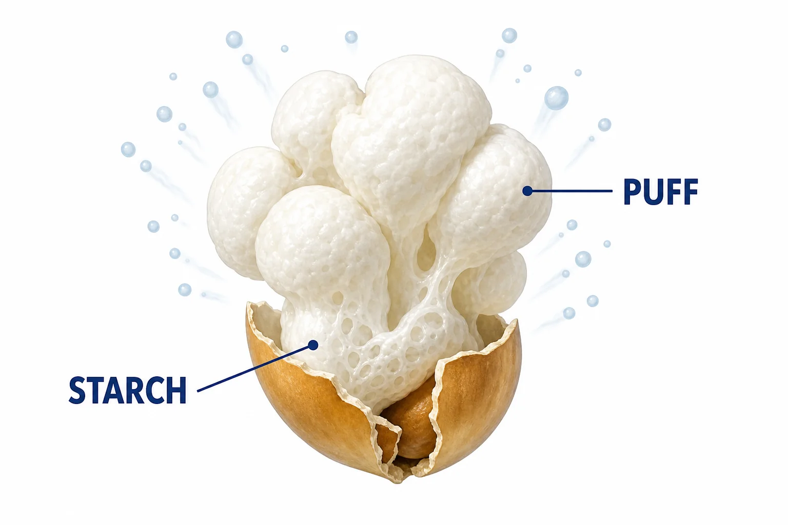 A popcorn kernel bursting open as soft starch expands into a white foam-like puff.